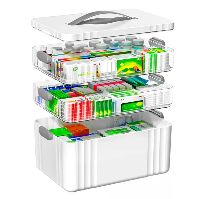 Medikamenten Aufbewahrung, 3 Stöckige Hausapotheke, Hausapotheke Box mit Tragegriff, Inkl. Portable Organizer, 34.1 * 22 * 24.5 cm Medikamentenbox Groß für Zuhause, Büro, Schule (Grau)