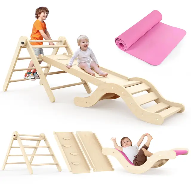 Puecrof 7-in-1 Kletterdreieck-Set mit Rutsche, Bogen und Matte aus Birke