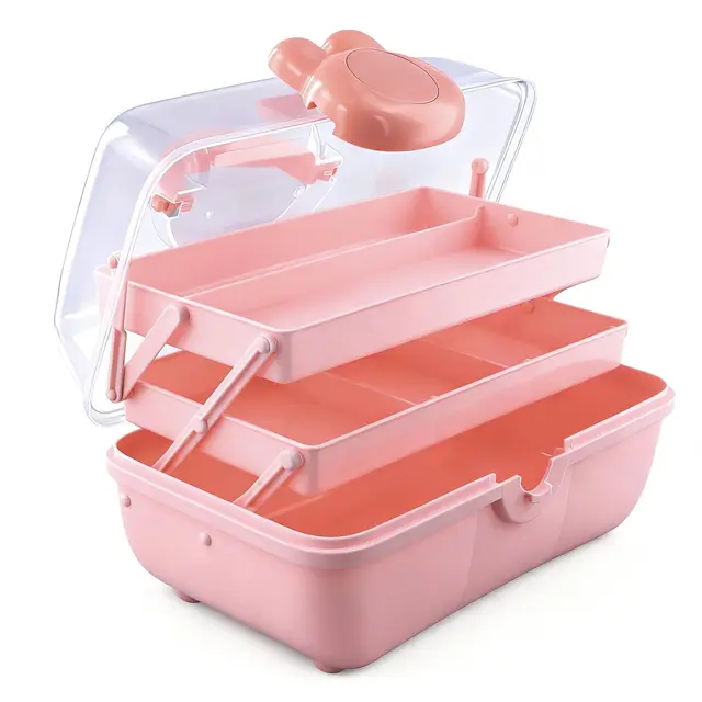 3 Etagen Mehrzweck Aufbewahrungsbox Rosa, Sortierbox mit Griff, Schmuckkästchen für Mädchen, Bastelkoffer, Nähkasten, Medikamentenbox, Bastel Organizer Kunststoff, 27.5x15x14.5cm