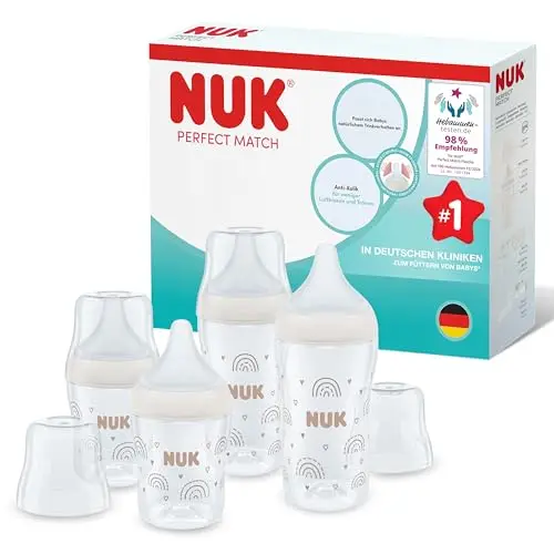 NUK Perfect Match Babyflaschenset | Ab 3 Monate | Passt sich dem Baby an | Temperature Control | Anti-Colic | 150 ml und 260 ml | BPA-frei | Silikontrinksauger | Regenbogen | 4 Stück