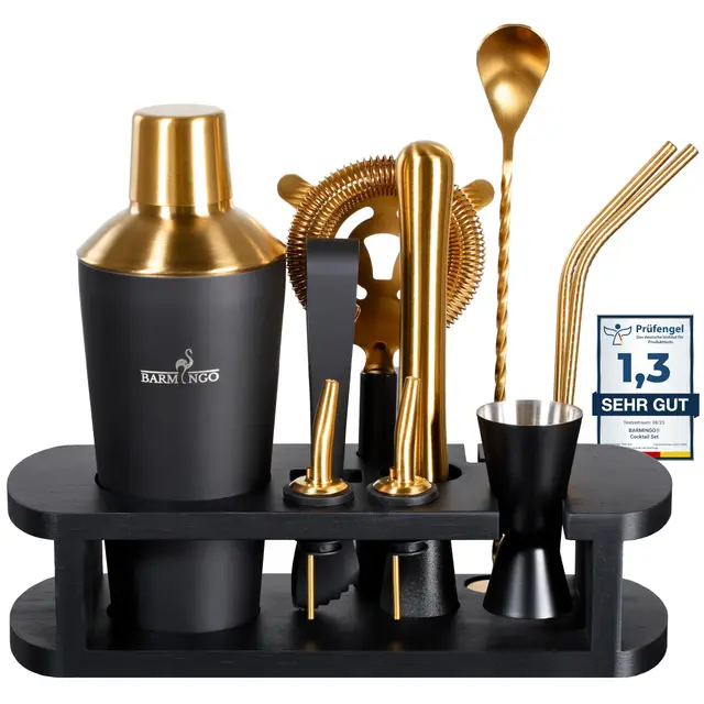 Edelstahl Cocktail Set 11tlg. – 700 ml Cocktail Shaker Set mit Ständer und Bar Zubehör, Cocktailshaker Set | Barkeeper Set | Cocktail Mix Set | Bar Set | Geschenkset | Schwarz & Gold