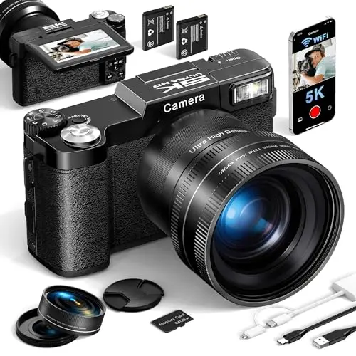 5K Digitalkamera 64MP Kamera Fotokamera mit WLAN, 64GB Karte, Autofokus, Einstellbarer Blitz, 180° klappbares Display, Kompakt Fotoapparat zum Vloggen für Anfänger, Weitwinke & Makroobjektive, 2 Akkus