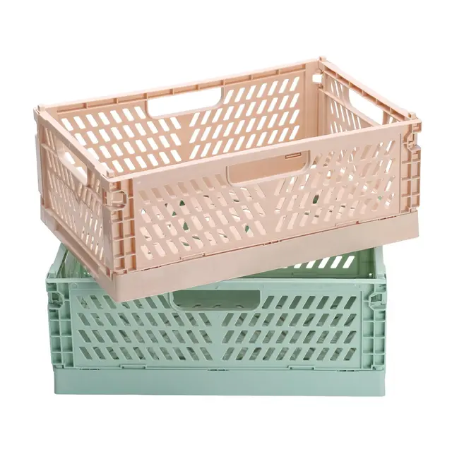 2 Stück Klappkisten, Plastik Klappboxen Faltbar Stabil, Faltbare Aufbewahrungskorb, Kunststoff Klappkorb Faltbare Box für Bad Schrank Küche Organizer(30,5x20x11,5 cm, Grün/Milchtee)