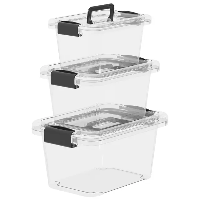 Cetomo Aufbewahrungsboxen, Aufbewahrungsbox mit Deckeln und Griff, stapelbare & ineinander schachtelbare Kunststoffbehälter für Zuhause, Wohnheim und Büro, Transparent, 6L 10L 18L-3er Pack
