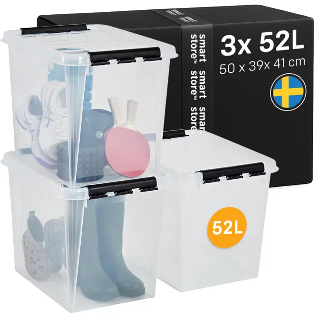 SmartStore Aufbewahrungsboxen 3er-Set 52L I Stapelbare Kunststoffbox mit Deckel I BPA-frei & lebensmittelecht I Organizer für Hauswirtschaftsraum oder Garage I durchsichtig und mit Clipverschluss