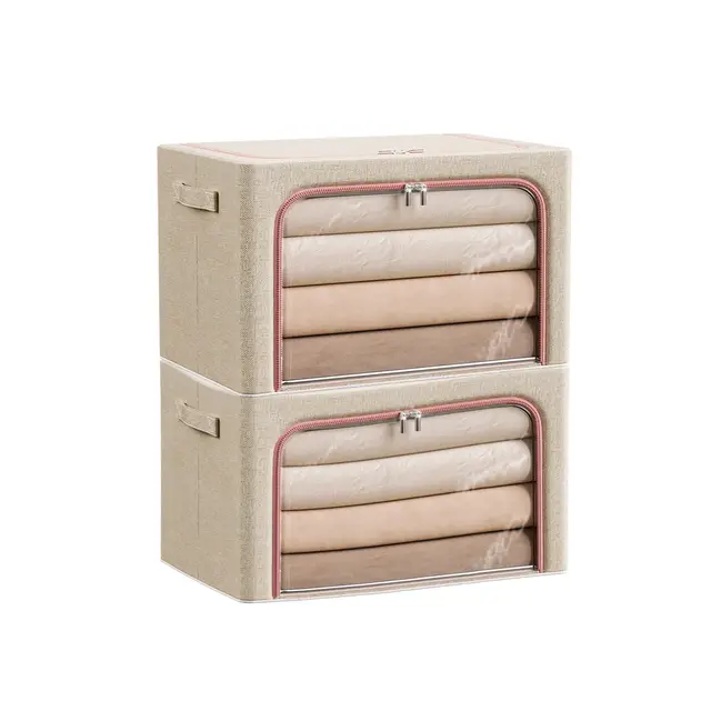 Douzi 2 Stück Aufbewahrungsbox mit Deckel, Kleidung Aufbewahrung, Faltbare Kleideraufbewahrung mit Metallrahmen, Stoffbox mit Griffen & Fenster, Aufbewahrung Kleiderschrank, 22L Khaki