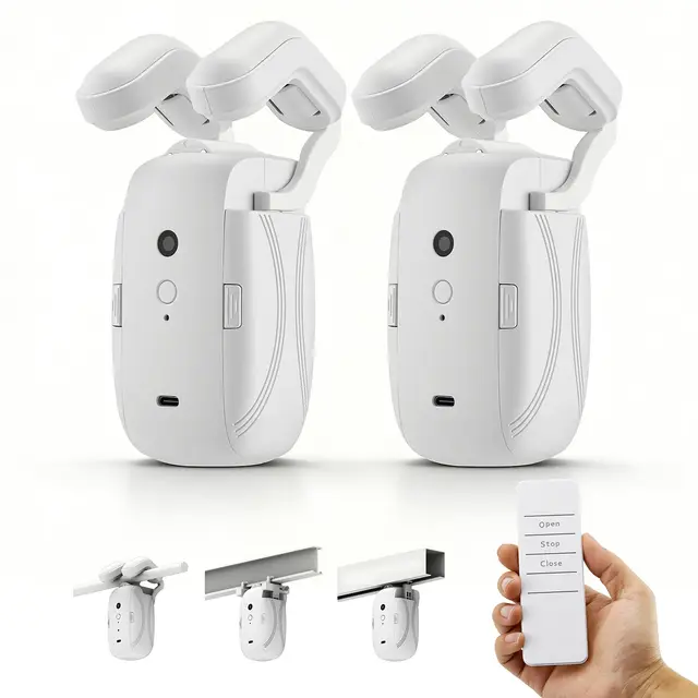 2 Stück Smart Automatischer Vorhangöffner, Home Control Vorhang Steuergerät, für den Innenbereich, 3 in 1 Elektrischer Vorhangroboter mit Fernbedienung, für Römische Stange, T-förmige Schiene
