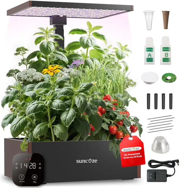 SUNCOZE Hydroponisches Anzuchtsystem, Kräutergarten mit 20 Hülsen, Schwarz | 10L Smart Herb Garden mit 30W LED Pflanzenlampe, bis zu 635 mm Höhe, Hydroponic mit Leiser Pumpe, Zeit einstellen,für Zuhause