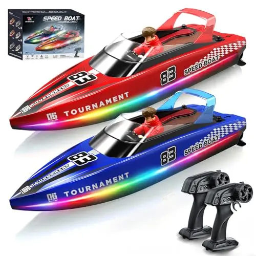 YESHIN Ferngesteuertes Boot 2er Pack, 15km/h RC Boot mit LED Licht, 4 Batterien, 2,4 GHz Fernsteuerung, Wasserdicht & Kentersicher, Geeignet für Pool & Seen, Geschenk für Kinder 8+ & Erwachsene