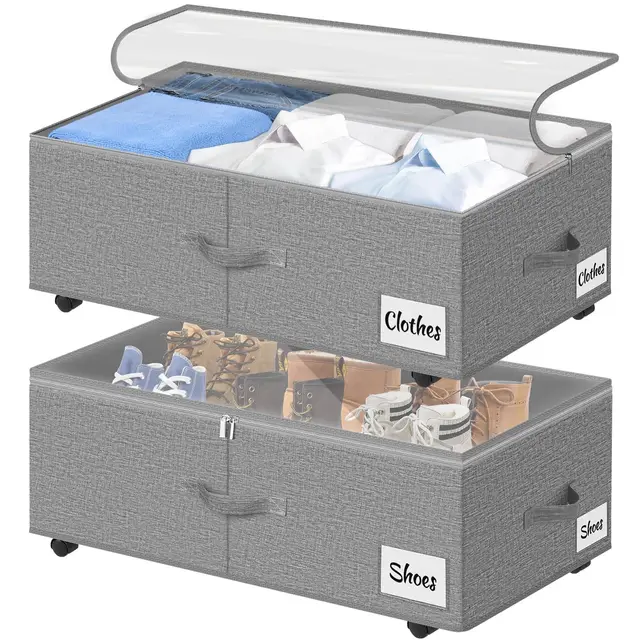Unterbettkommode mit Rollen 360°Drehung, 2 Stück XXL 75L Unterbett Aufbewahrungsbox mit Transparentem Deckel, Schnelle Montage Bettkasten Aufbewahrung für Bettdecken Kleidung, Schuhe & Decken,Grau
