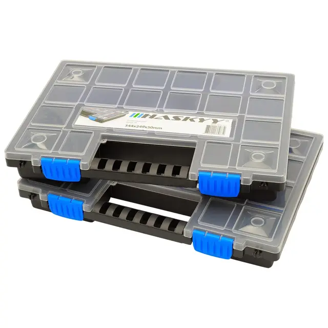HASKYY Sortimentskoffer Sortimentskiste Sortimentsbox 2x Organizer XL - unterteilt und stapelbar - 345x249x50 mm Kleinteileschrank Werkzeugkiste Schraubbox Ablagefächer