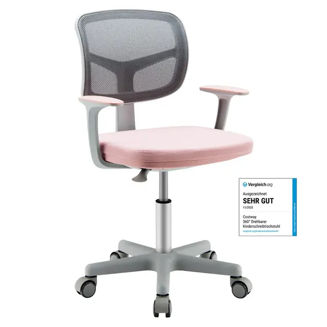 COSTWAY 360° Drehbarer Kinderschreibtischstuhl, 80-91,5 cm Höhenverstellbarer Jungendstuhl mit Rückenlehne & Armlehnen, Computerstuhl mit 5 Rollen für Kinder von 3-10 Jahre alt (Rosa)