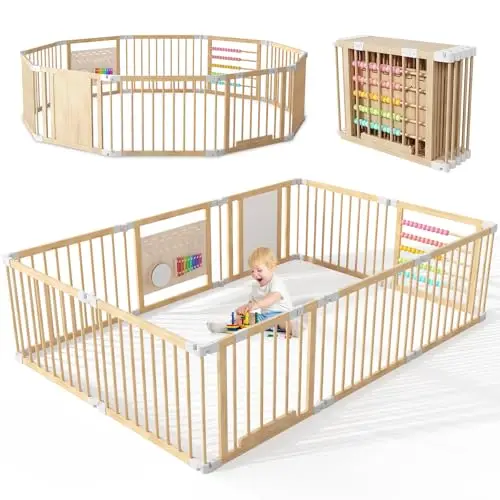 Laufstall Baby Holz mit Spielcenter – 240x160x61cm Verstellbare Größe & Form Laufgitter, Faltbarer Laufstall aus Holz, Spielzaun mit Tor für Babys und Kleinkinder(10 Stück)