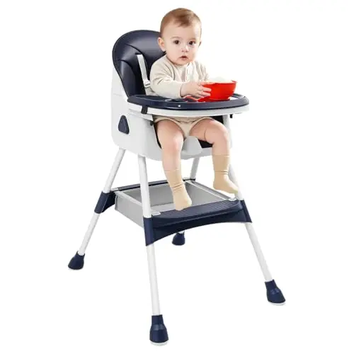 Baby Hochstuhl bis 80kg, Faltbarer Kinder Essstuhl mit Verstellbares Doppeltablett, Sicherheitsgurt, Hufeisenfüße Rutschfest, Höhenverstellbar Kinderhochstuhl Für 6 Monate bis 6 Jahre (Blau)