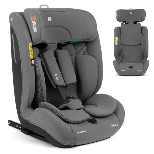 KikkaBoo i-Size i-FLIT, Kindersitz 9-36 kg ISOFIX, Autokindersitz 76-150 cm, Gruppe 1/2/3, 15 Monate bis 12 Jahre, SPS Seitenschutz, Top Tether, Verstellbare Kopfstütze, Hellgrau