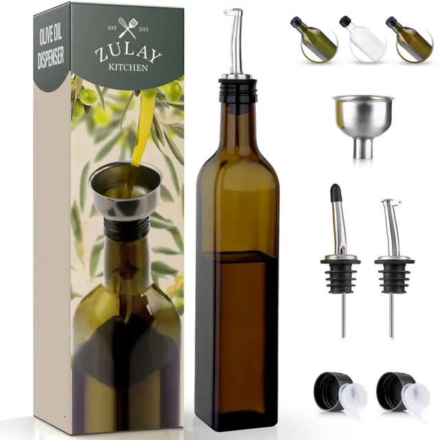 Zulay Olivenöl flasche für die Küche – Glas-Olivenöl-Spender-Flasche mit 2 Ausgießern, 2 abnehmbaren Korken, 2 Kappen und 1 Trichter – Ölflasche für Küche & Aufbewahrung von Flüssigkeiten