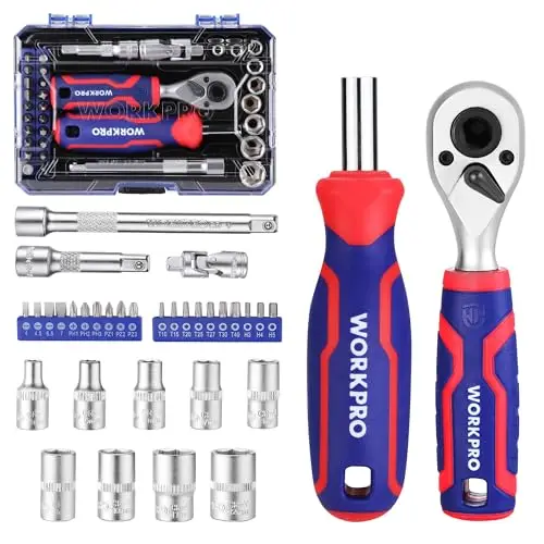 WORKPRO 34-teiliger 1/4" Steckschlüsselsatz, Ratschensatz mit Verlängerungsstangen und Magnetischer Schnellwechsel-Schraubendreher für Heimwerker, Autoreparatur und tägliche Wartung mit Werkzeugkasten