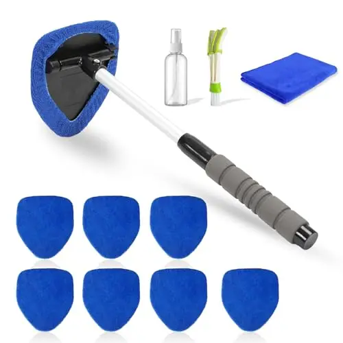 FOSER Scheibenreiniger Auto, Windschutzscheiben Reiniger mit 7 Mikrofaserpad und 1 Cockpit Tücher, Auto Fensterwischer Kit, Blau, Autoscheiben Innenreiniger mit Ausziehbarer Griff,180 drehbar (Blau)