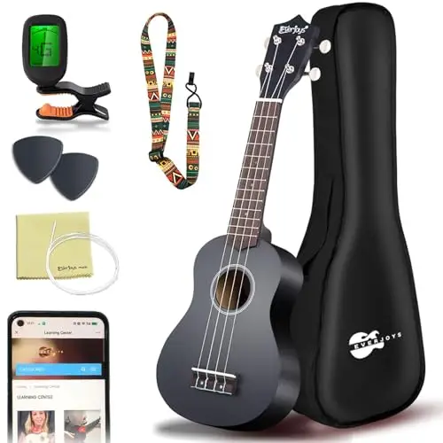 Everjoys Sopran Ukulele Set für Anfänger 21 Zoll Ukulele Starter Kit mit Kostenlose Online-Kurse, Tasche, Tuner, Saiten, Pick, Kleine Hawaii Gitarre Natur
