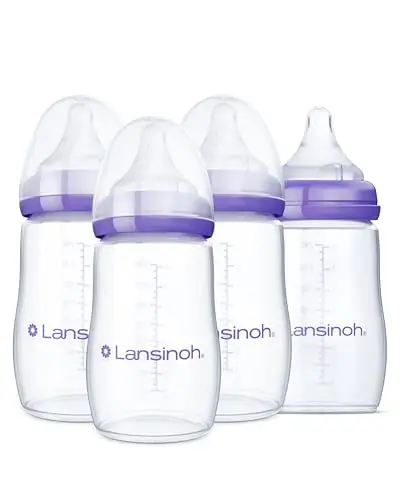 Lansinoh Babyflaschen Set mit NaturalWave Sauger Gr. M, 240 ml, 4er Pack - Babyflasche im neuen kompakten Design für verbesserte Stabilität - mit stapelbarem Deckel