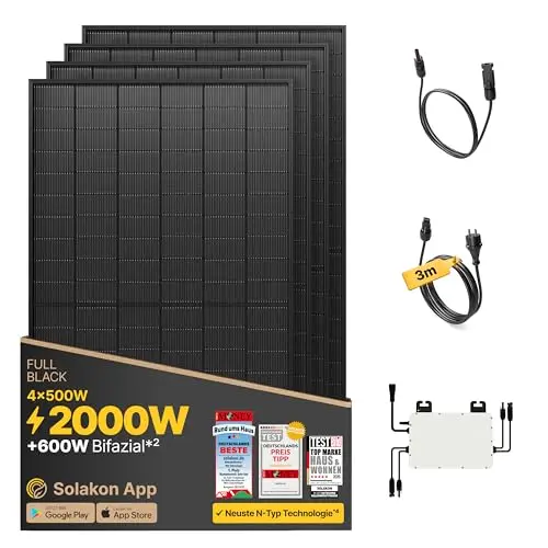 Solakon Balkonkraftwerk 2000W komplett Steckdose - Balkonkraftwerk 2000 Watt neuester Wechselrichter 800W - Solaranlage Komplettset mit 4x500W Solarpanel/Solar Panels mit 3m Kabel