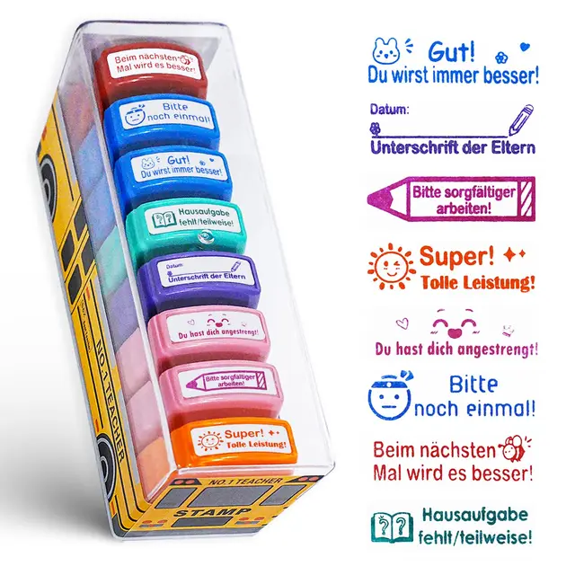 8er-Set Lehrer Stempel selbstfärbend mit Aufbewahrungsbox - Motivationsstempel für Lehrerinnen & Lehrer - bunte Korrekturstempel für Schule, Unterricht & Homeschooling - Geschenkidee zum Lehrertag