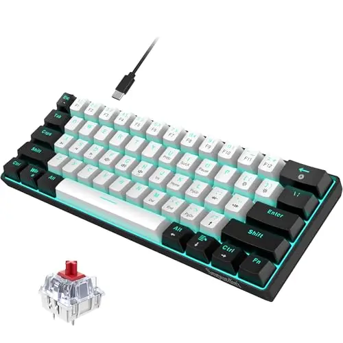 Snpurdiri 60% kabelgebundene mechanische Gaming-Tastatur, 61 Anti-Ghosting-Tasten, Blaue LED-Hintergrundbeleuchtung, ultrakompakte Zwei Ständer (Roter Schalter/Schwarz Weiß)