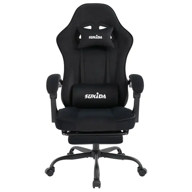 SUKIDA Gaming Stuhl Stoff, Ergonomischer Gaming Chair mit Fußstütze, Verstellbarer Racing Computerstuhl mit Lordosenstütze, Schwarz Ergonomisch PC-Stuhl