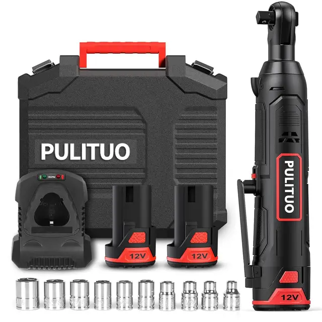 PULITUO Elektrische Ratschenschlüssel Set, 12V Akku Ratschenschlüssel 3/8" mit 2pcs 2000mAh Akkus und Ladegerät, 50N.m, 10 Steckdosen und LED-Licht