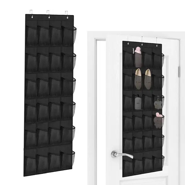 Organizer über der Tür für Schuhe, Schuh Organizer Hängend mit 24 Taschen, Tür Organizer mit 3 Haken, Multifunktionale Schuhregal Türs für Schlafzimmer Wohnzimmer Badezimmer(Schwarz)