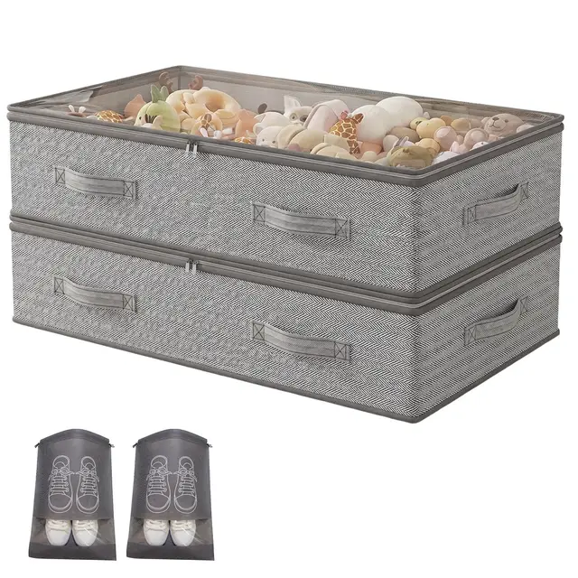 Unterbett Aufbewahrungsbox 2 Stück Unterbettkommode und klarem Transparenter Deckel,18 cm Hoch aus langlebigem Material, 4 Griffen & 2 Reißverschluss Faltbar Kleideraufbewahrung& Organisation-Grau 90L