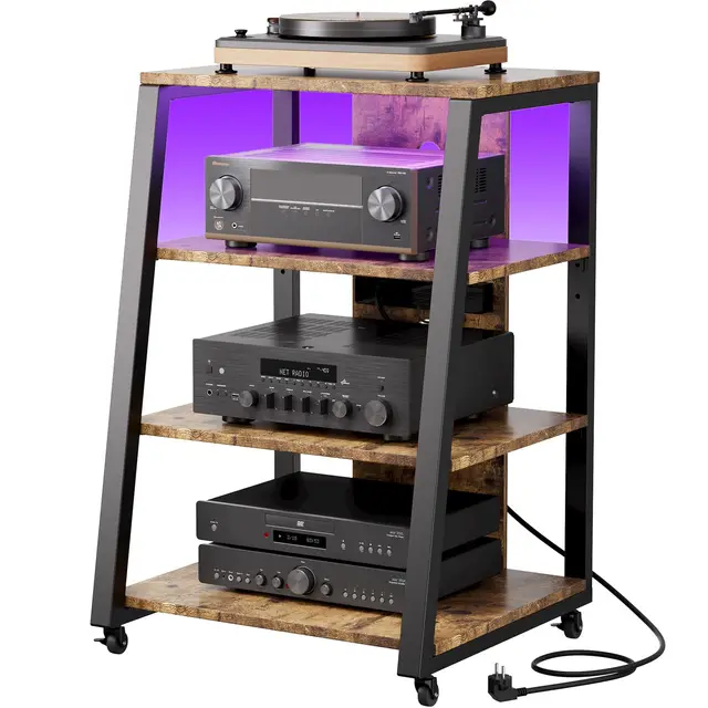 Lifewit 4-stufiger HiFi Regale mit Rädern und verstellbaren Ablage, Plattenspieler Tisch mit Steckdosenleisten und LED-Leuchten, AV-Medienständer Für Wohnzimmer/Heimkinoer, 60 x 55 x 90 cm, Schwarz