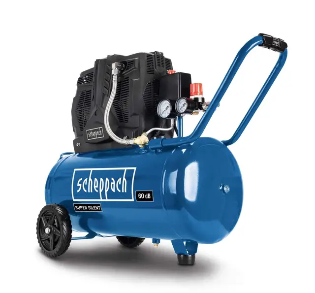 Scheppach HC51Si Super Silent Doppelzylinder Kompressor | 60 dB(A) leise | 50L Kessel | 8bar | ölfrei und wartungsarm | 300 l/min Ansaugleistung | 1500W | 2 Manometer & Kupplungen | Flüsterkompressor