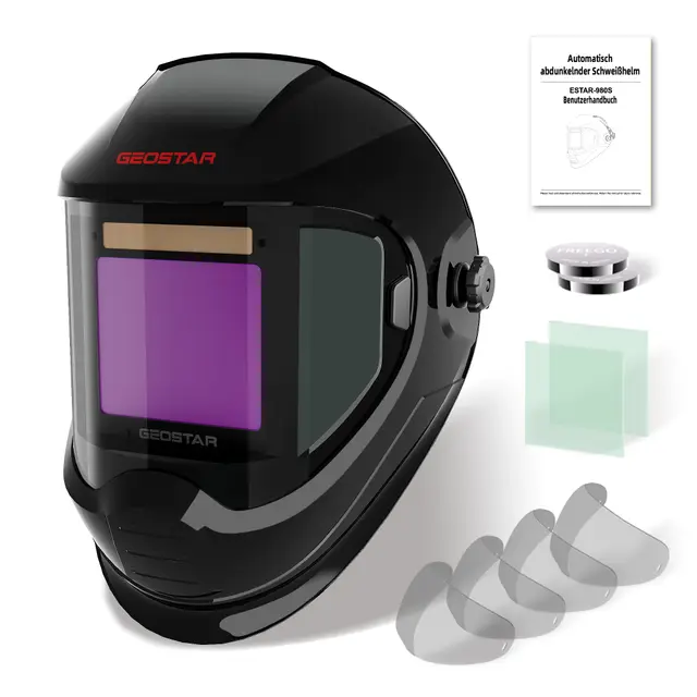 GEOSTAR Automatischer Schweißhelm Panorama-180°-Sicht 8,8 x 9,8 cm, echte Farbe, automatische Verdunkelung Schweißhelm, 4 Lichtbogen-Sensor, 4/5-8/9-13 für Tig MIG ARC