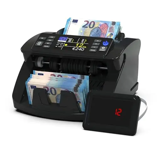 Detectalia V10 Banknotenzähler Kompatibel mit EUR/GBP/CHF/USD/SEK/DKK/PLN/TRY/AED/SAR mit UV-MG-IR-MT-DD Erkennung, 3,5” TFT-Display + Externes Display, Gesamtwert, Batch & Add, 1000 Scheine/Minute
