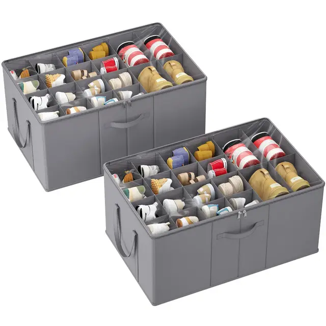 Lifewit Großer Schuhorganizer für den Kleiderschrank, Faltbarer Schuhkarton mit durchsichtigem Deckel und verstärkten Griffen, Halter passend für Turnschuhe Stiefel Heels, 2er, Grau