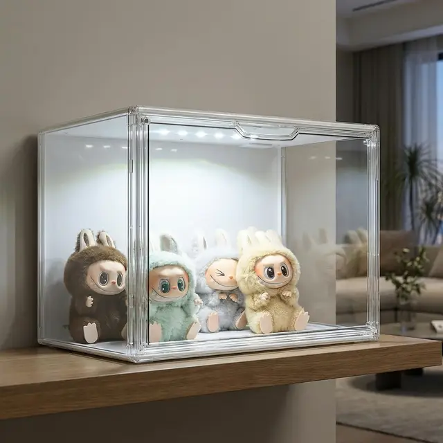 GUDEMAY Transparente stapelbare kunststoffboxen mit magnetischem Verschluss & LED Beleuchtung, Acryl Vitrine Schaukasten Staubdicht Display Case Ideal für Figuren, Modelle, Bücher, Schuhe, Handtaschen