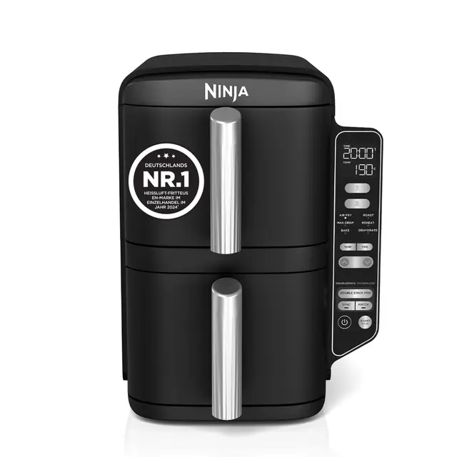 Ninja Double Stack Heißluftfritteuse, 7,6L Digitale Air fryer Doppelkorb mit 4 Kochstufen, 2 Schubladen, 2 Gestelle, platzsparendes Design, 6 Kochfunktionen, 6 Portionen, Schwarz SL300EU