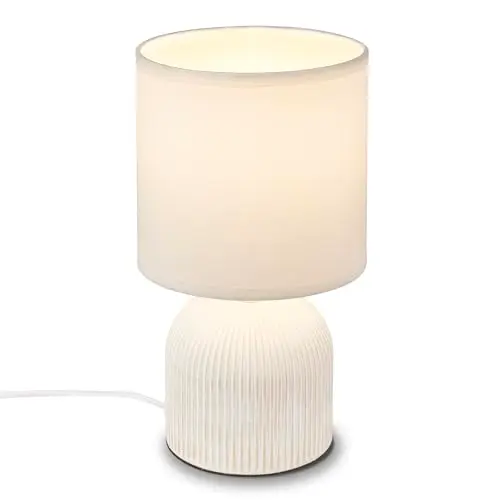 BRILONER - Tischlampe mit Stoffschirm, Kabelschalter, Keramikfuß, Lampe, Nachttischlampe, Tischleuchte, Dekolampe Flur, Bürolampe, Leselampe, Wohnzimmer, Schlafzimmer, 15x28 cm (DxH), Weiß