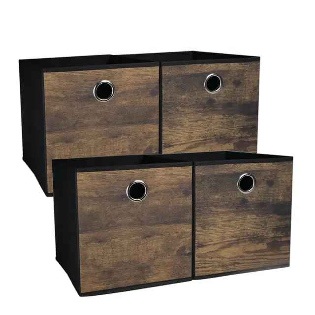 4 Stück Haltbare Aufbewahrungswürfel Behälter mit Vintage Holzkorn,Dekorative Stoffbox Aufbewahrungskörbe für Regal,Platzsparende Aufbewahrungsboxen im Schrank,Schlafzimmer,Büro,30x30x30cm(Mittelgroß)