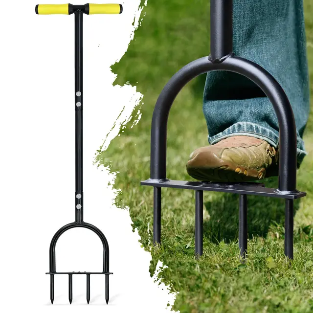Colwelt Rasenbelüfter für verdichtete Böden und Rasenflächen, rutschfester T-Griff, mit vier 9 cm massiven Stahlspießen, 96 cm