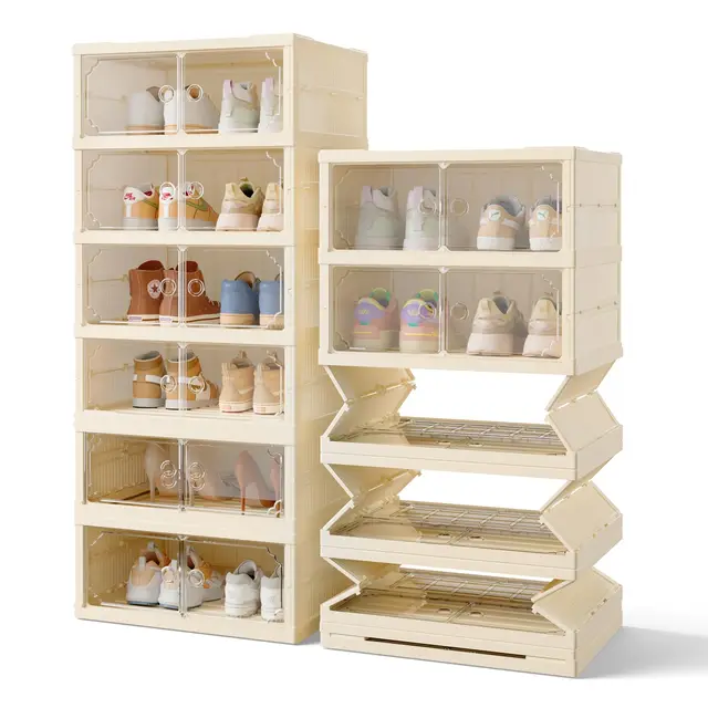 BTGGG Schuhboxen Stapelbar Transparent, 6 Etagen Faltbarer Schuhschrank für 12 Schuhe Kunststoff Schuhaufbewahrung Platzsparend Klappbarer Schuh Organizer Schuhkarton mit Haustür bis Größe 45