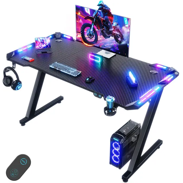 Devoko Gaming Schreibtisch 120×60 cm mit LED Kohlefaser-Optik