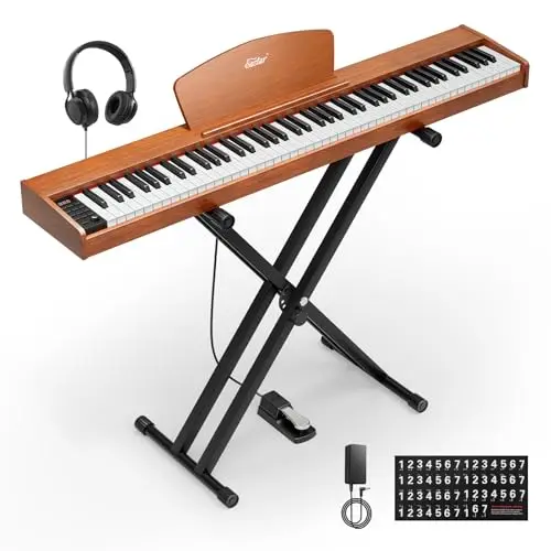 Eastar EP-80 Klavier-Keyboard mit 88 Tasten,Elektrisches Klavier in Voller Größe mit Anschlagdynamischen Tasten,Tragbares Digitalpiano-Set für Anfänger mit Klavierständer,Pedal und Kopfhörern,Braun