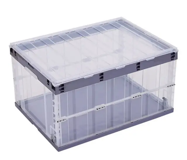 TUKA-i-AKUT Faltbare Aufbewahrungsboxen mit Deckel, Stapelbar Faltbar, Stabile Stapelkisten m Handgriff, Stapelbehälter Organizer Faltboxen Stapelboxen Durchsichtig, 1x 55L TKD8640 Hell Lila