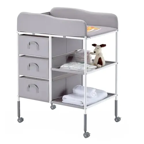 VEVOR Wickeltisch tragbare Wickelstation mit 3 Stoffschubladen & feststellbaren Rädern, höhenverstellbarer multifunktionaler Baby-Wickelkombi mit Aufbewahrungs-Organizer fürs Kinderzimmer Grau