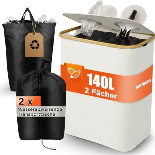 SOUTHGATE pfandflaschen sammelbehälter 2 Fächer, 140L Leergut-Organizer, Klappdeckel mit Silikon-Dichtung, 2 waschbare Taschen mit Kordelzug, faltbar 4 cm, für Küche & Wohnküche, Beige
