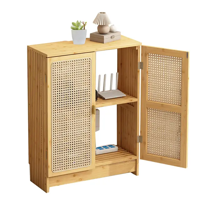 Jueraori Rattan Router Schrank Verstecken, WiFi Router Aufbewahrungsbox mit Verstellbaren Regalen, Vielseitig Bambus Aufbewahrungsschrank für Wäsche, Küche, Wohnzimmer, 70x50x25cm