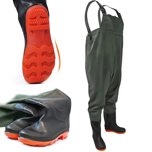 Omega Wathose Größe 43-46 – 100% wasserdichte Gummi-Anglerhose mit Rutschfester Sohle, verstellbaren Hosenträgern, PVC Anglerwathose für Männer, Watstiefel zum Angeln & Arbeiten im Wasser