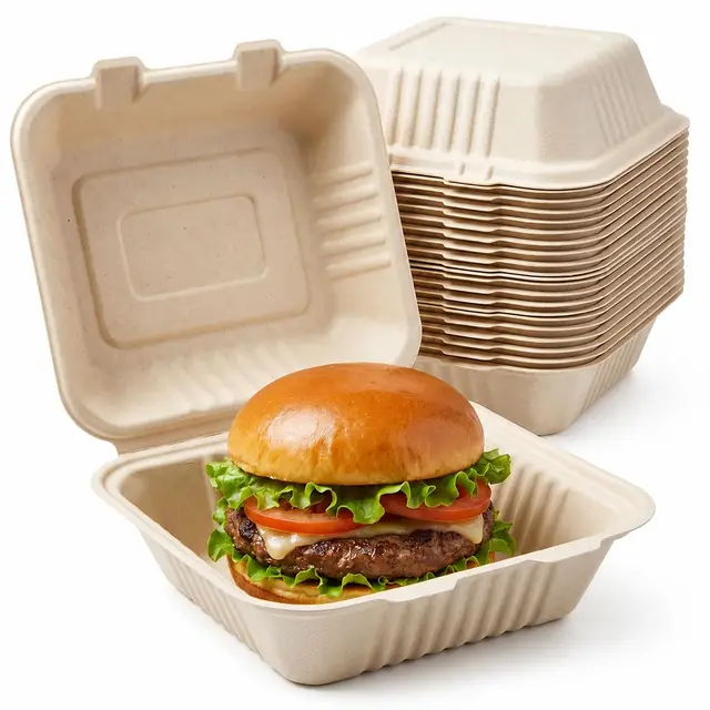 The Happy Garden Clamshell Lebensmittelbehälter (50 Stück) – umweltfreundliche Bagasse-Takeaway-Boxen, kompostierbare Einweg-Burgerbox, auslaufsicher, mikrowellen- und gefriergeeignet